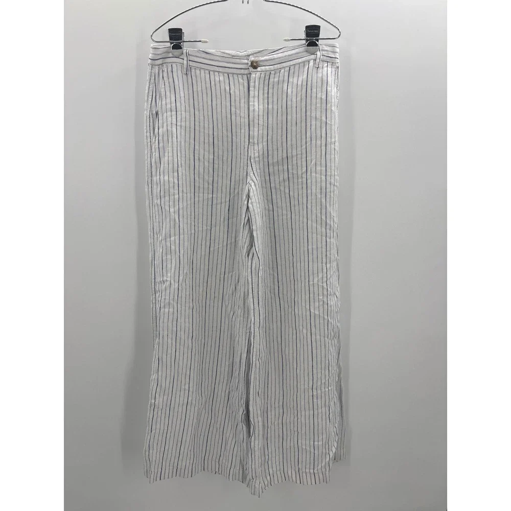 Madewell The Zoe Relaxed Wide Pant 100% Linen Striped White Blue size 6 NV159 - Picture 6 of 13